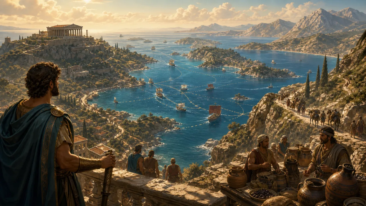 Η Ελλάδα ως σταυροδρόμι με θάλασσες, νησιά, δρόμους και περάσματα.
